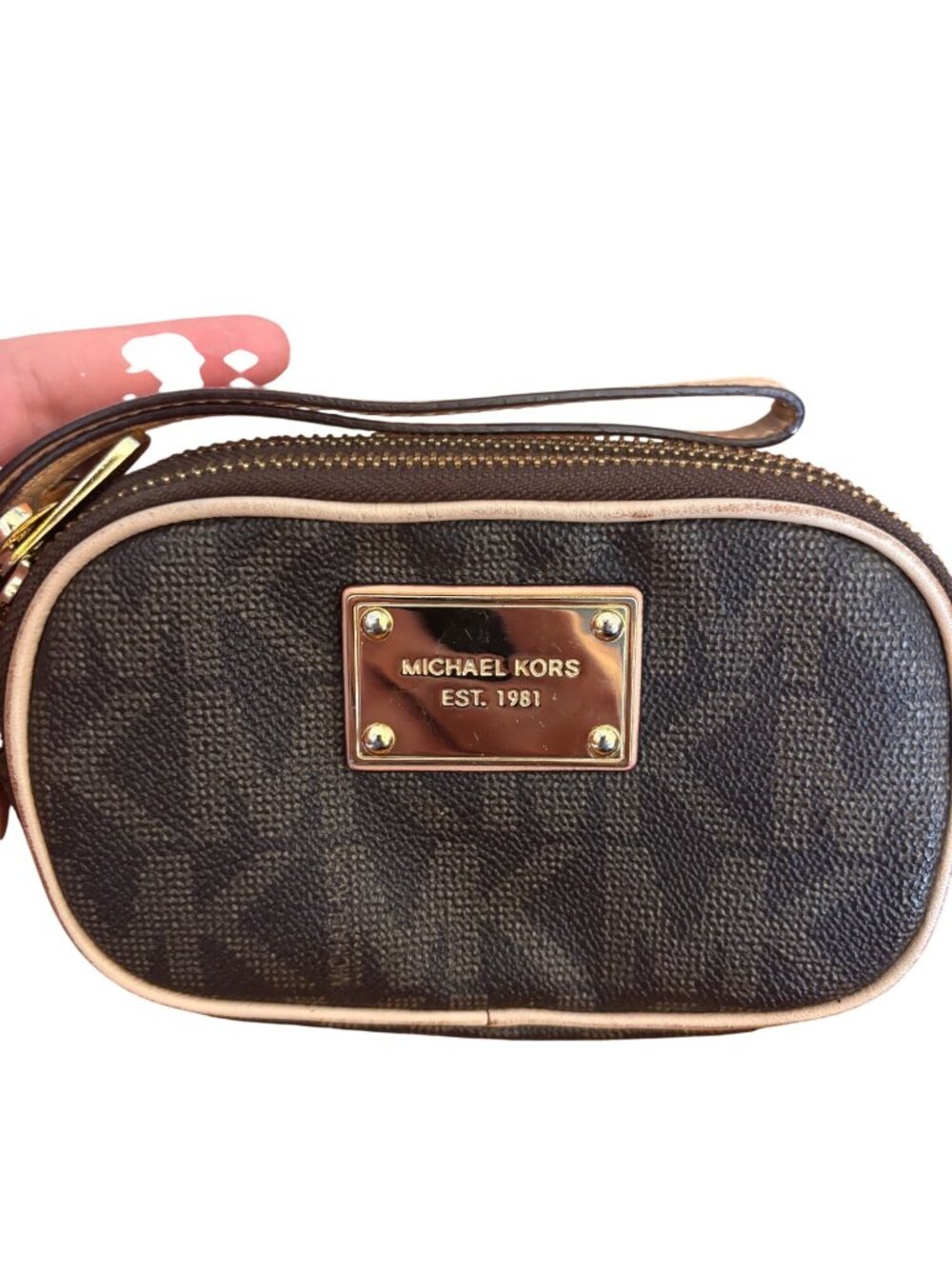 Michael Kors Logo Wristlet Clutch Wallet Double Zip Brown Beige Compact & Stylis